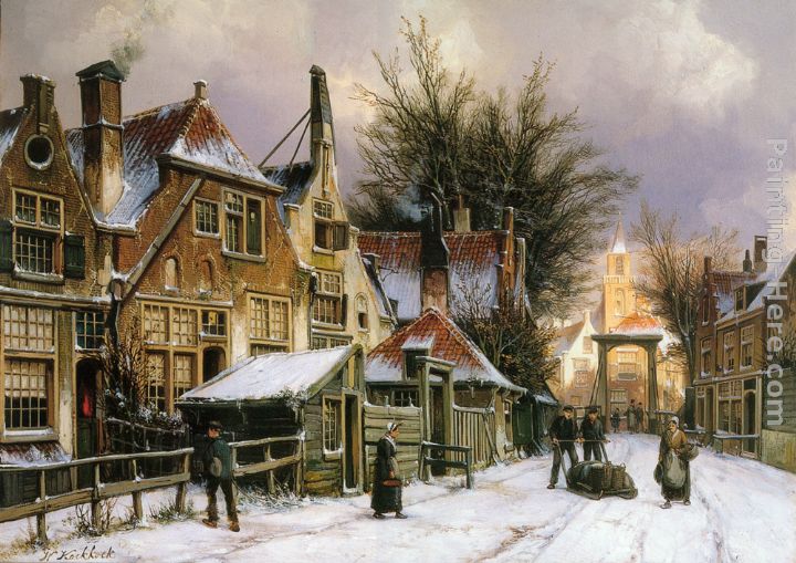 A Townview with Figures on a Snow Covered Street painting - Willem Koekkoek A Townview with Figures on a Snow Covered Street art painting